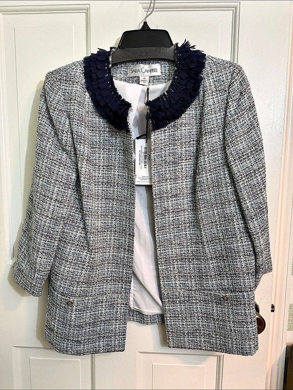 Sara Campbell 3/4 SLV Tweed JKT w/ Organza Fringe Collar Sleeve Tweed Jacket